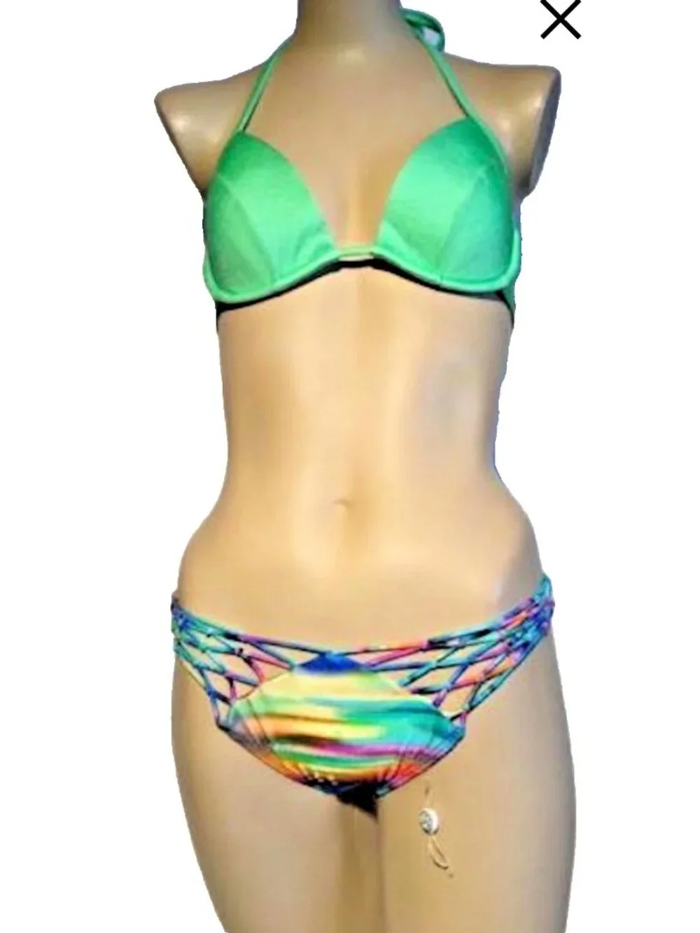 Luli Fama Interwoven Design L Bottoms + Bralette Solid green M Top Bikini Women